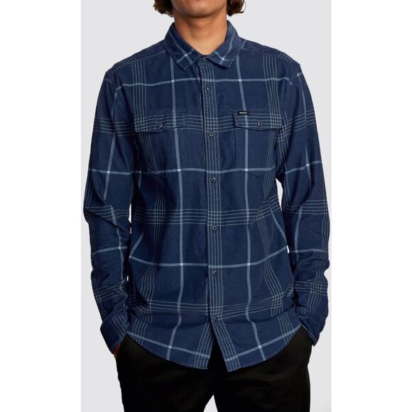 RVCA Men’s NWT Corduroy Flannel Plaid Shirt Sz M Blue Outdoor Hike Gorpcore Surf - Picture 1 of 14
